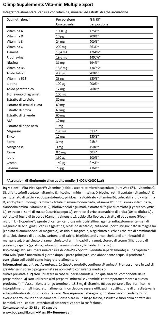 Vita-min Multiple Sport Nutritional Information 1