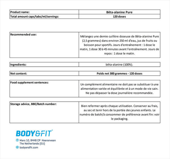 Bêta-alanine Nutritional Information 1