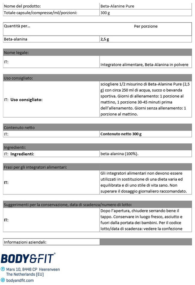 Beta-Alanina Nutritional Information 1