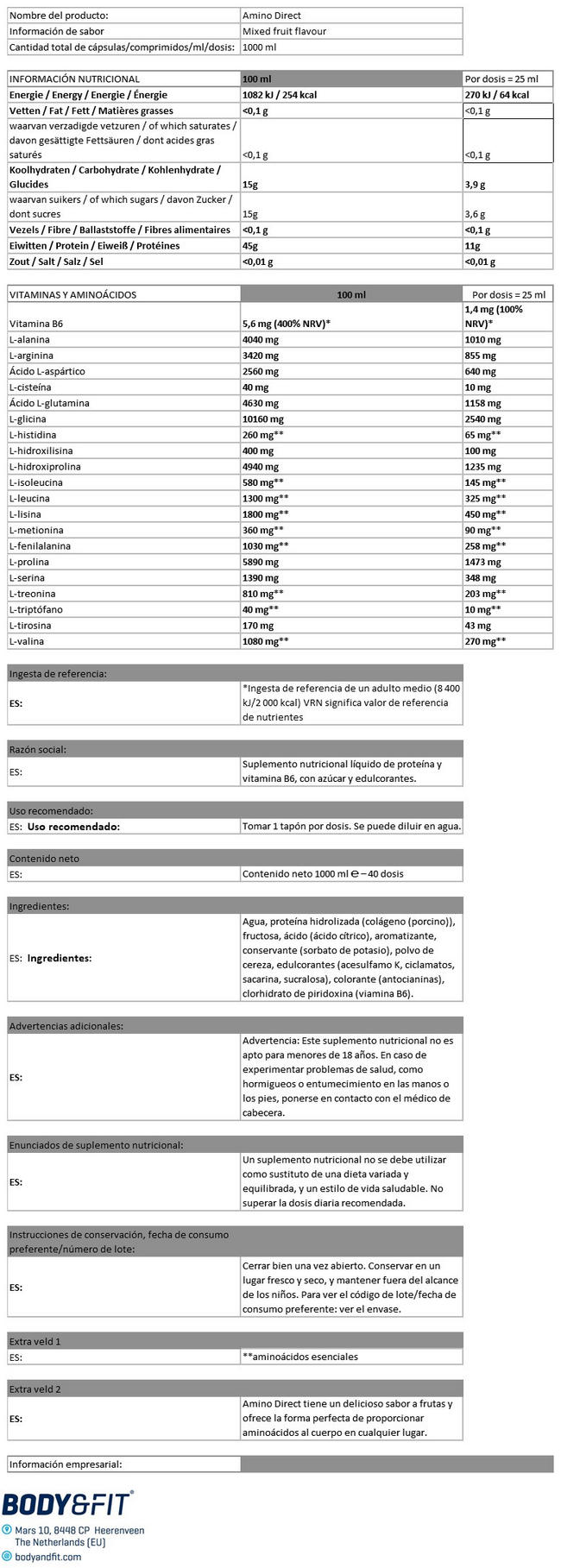 Amino Direct Nutritional Information 1