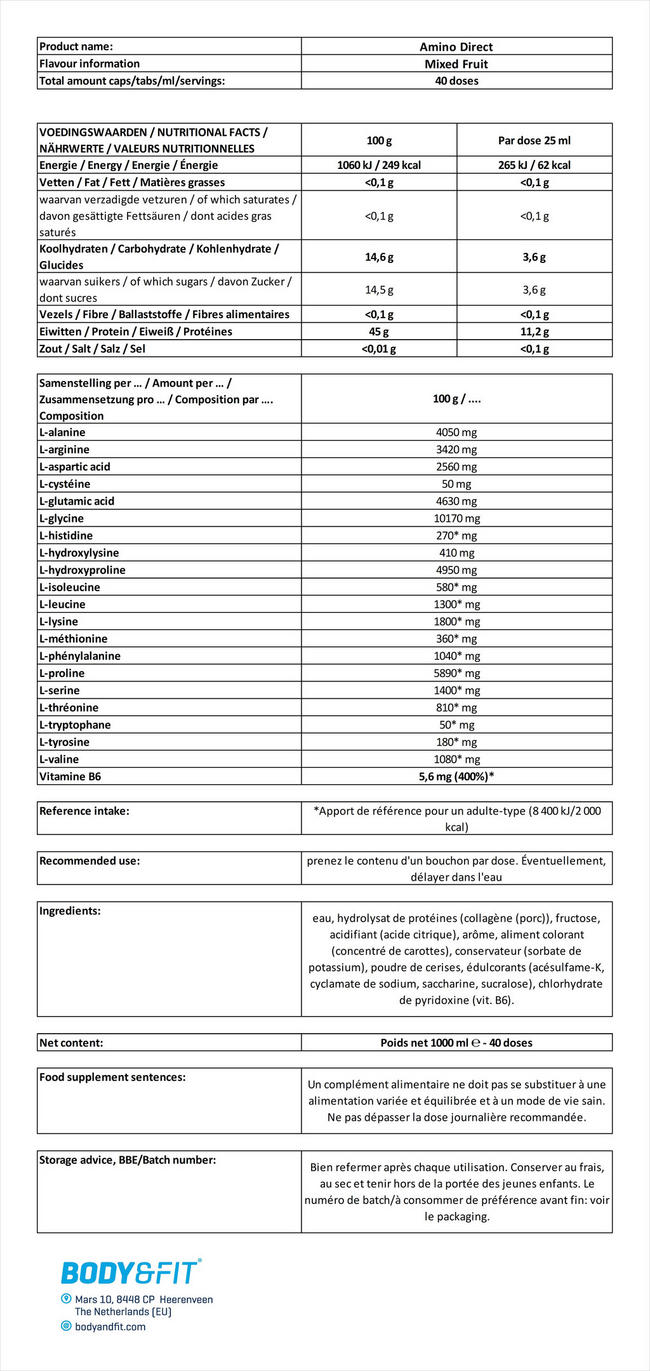 Boisson Amino Direct Nutritional Information 1