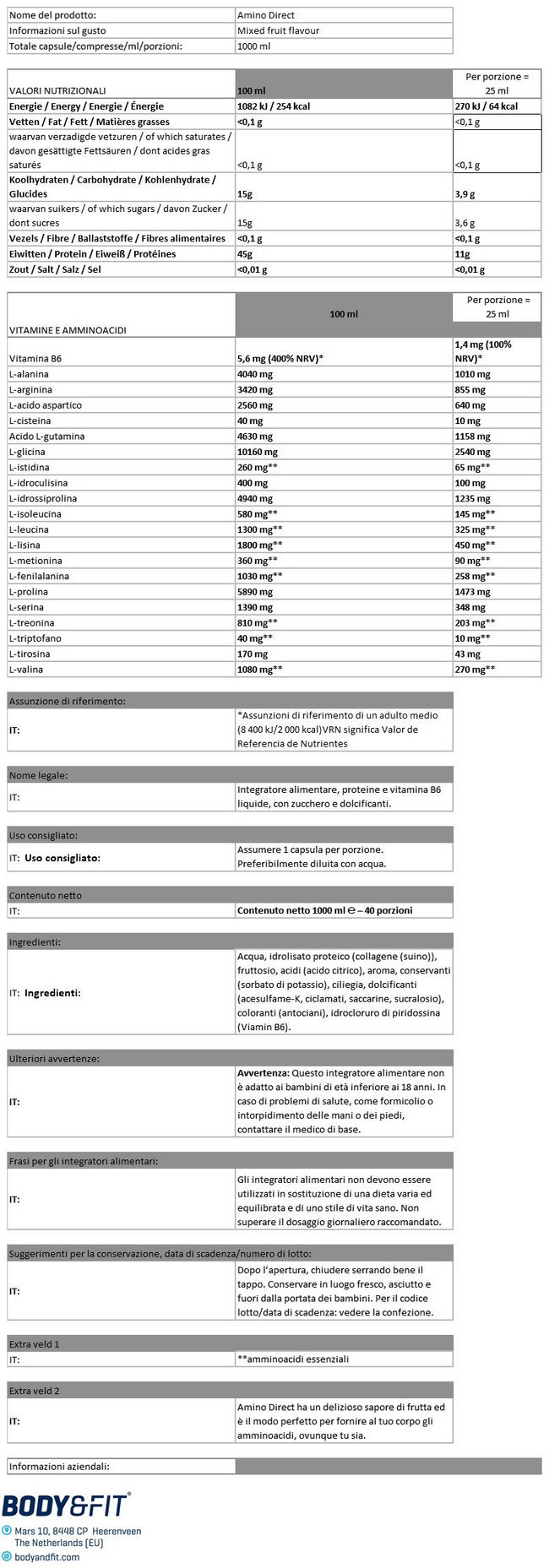 Amino Direct Nutritional Information 1