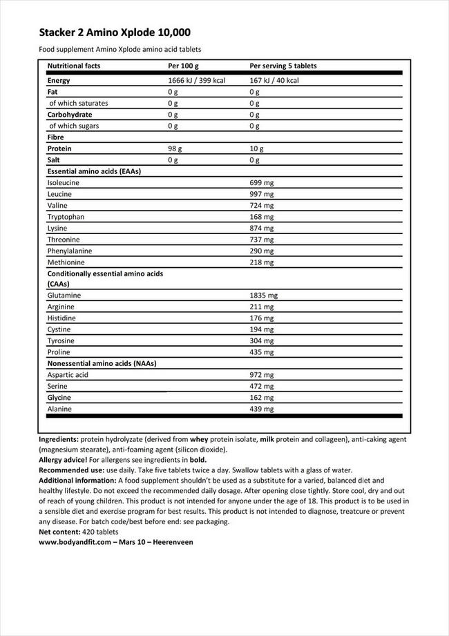 Amino Xplode 10,000 Nutritional Information 1