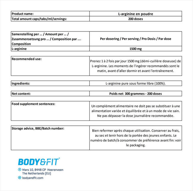 L-arginine en poudre Nutritional Information 1