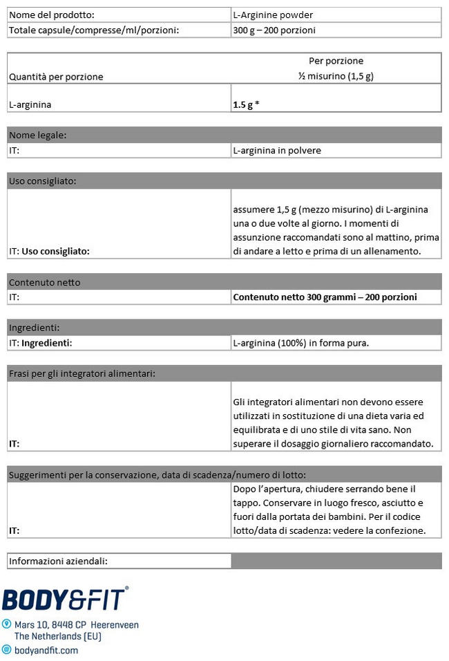 Polvere di L-arginina Nutritional Information 1