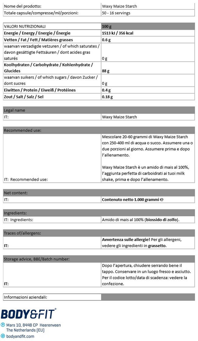 Amido di Mais Cerato Nutritional Information 1