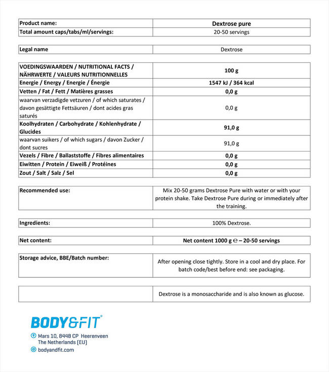 Polvere di Destrosio Pure Nutritional Information 1