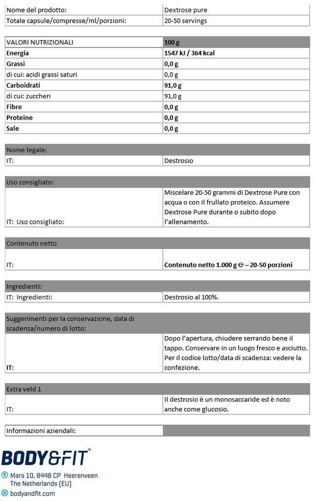 Polvere di Destrosio Pure Nutritional Information 1