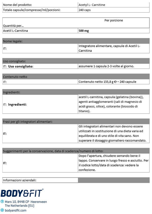 Acetyl-L-Carnitine Nutritional Information 1