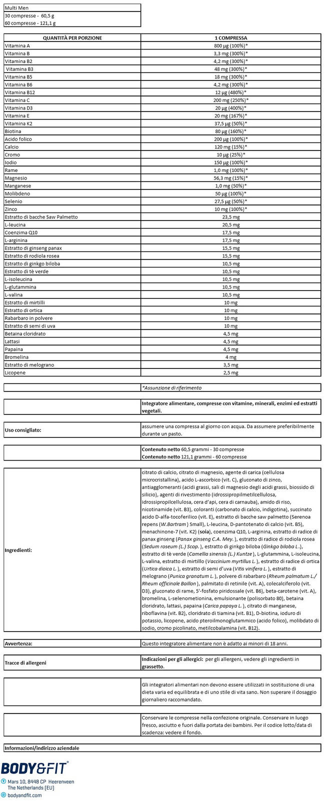 Multi Men Nutritional Information 1