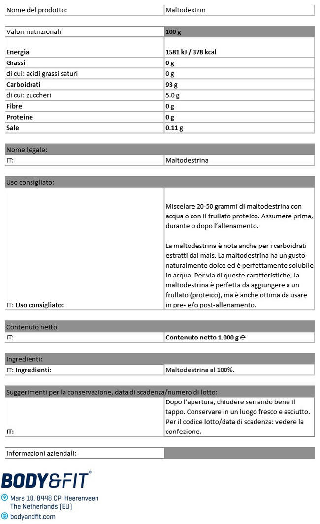 Polvere di Maltodextrina Nutritional Information 1
