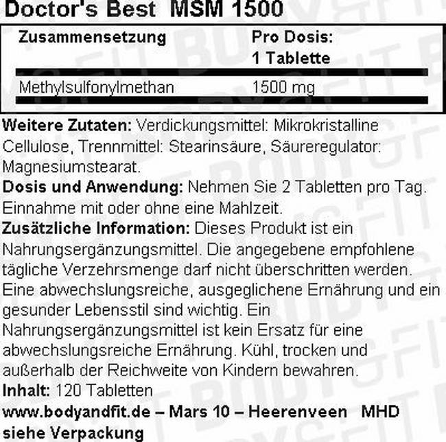 MSM 1500 Nutritional Information 1