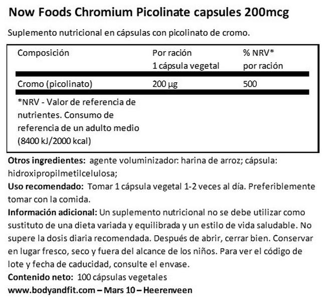 Chromium Picolinate 200 µg Nutritional Information 1