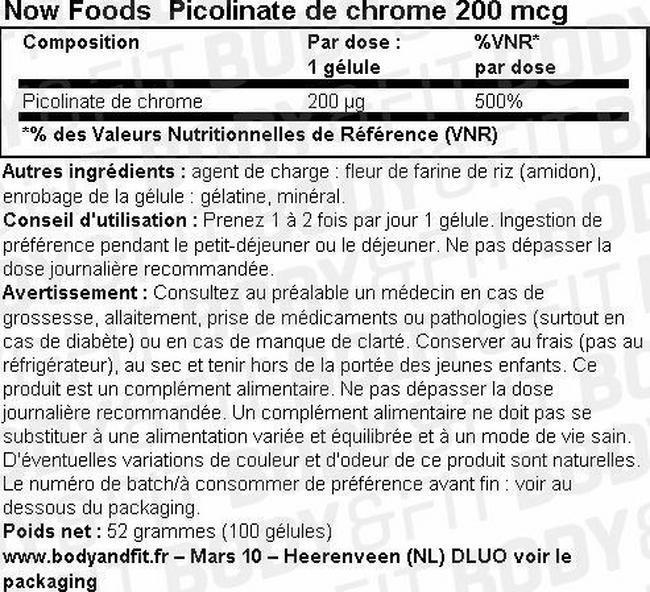 Chromium Picolinate capsules 200mcg Nutritional Information 1