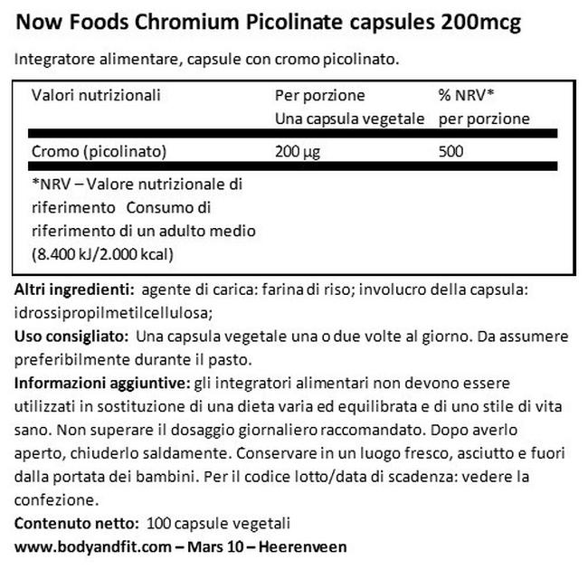 Chromium Picolinate 200 µg Nutritional Information 1