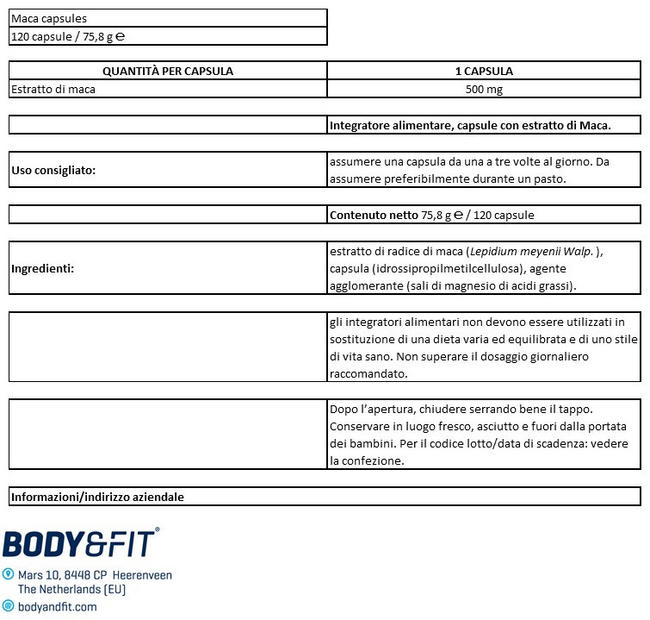 Capsule di Maca Nutritional Information 1