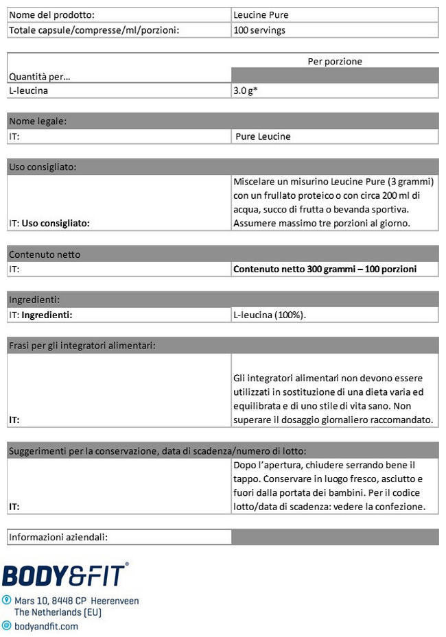 Polvere di Leucina Pure Nutritional Information 1
