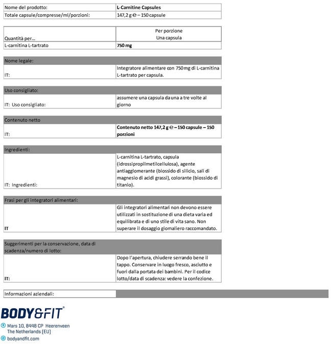 Capsule di L-Carnitina Nutritional Information 1