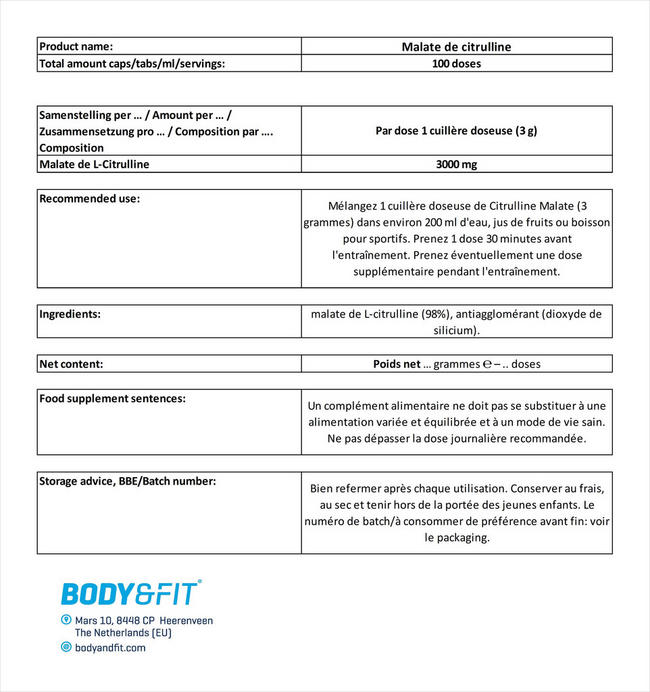 Malate de citrulline Nutritional Information 1