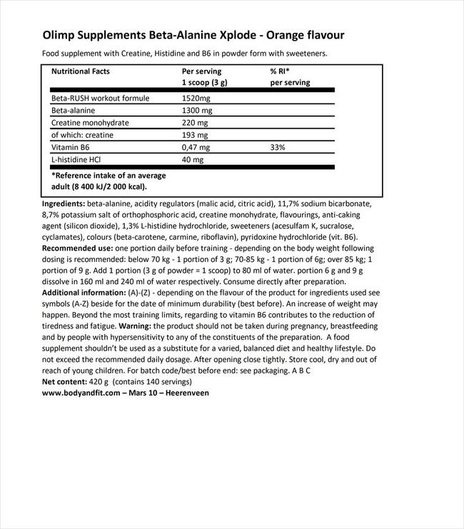 Beta-Alanine Xplode Nutritional Information 1