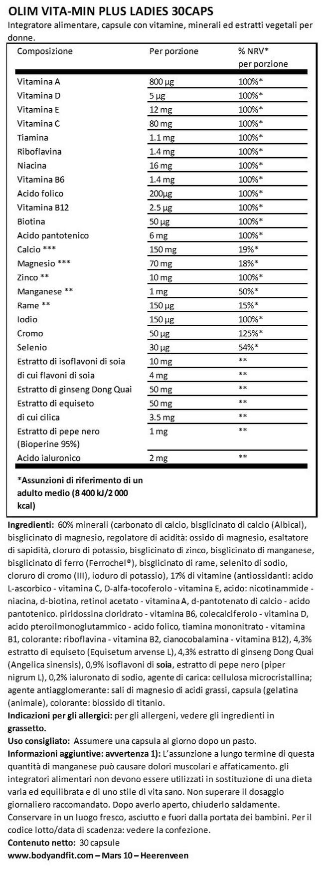 Vita-Min Plus Ladies Nutritional Information 1