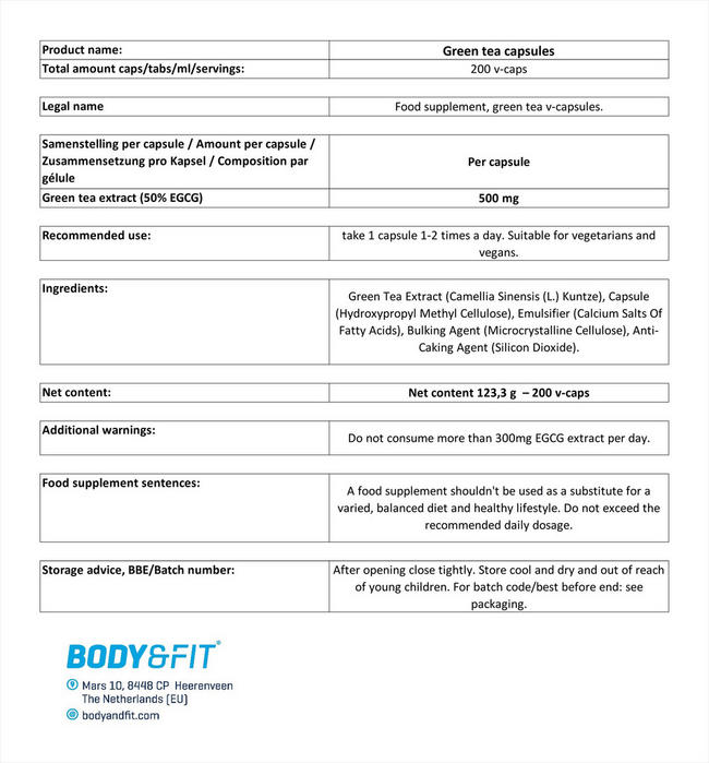 Green Tea - Ultra Pure Nutritional Information 1