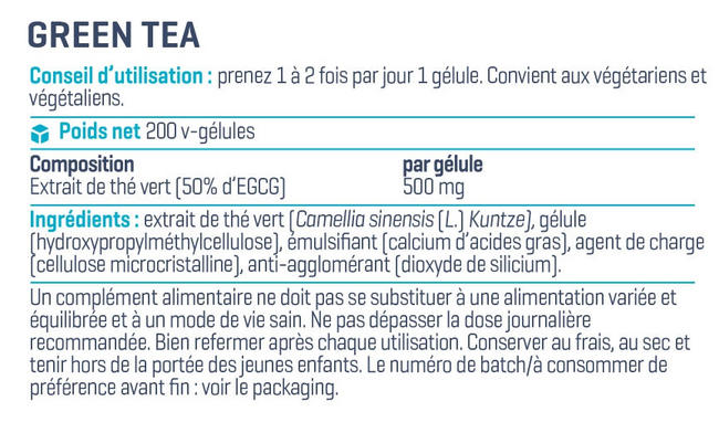 Gélules de thé vert Green Tea Extract Nutritional Information 1