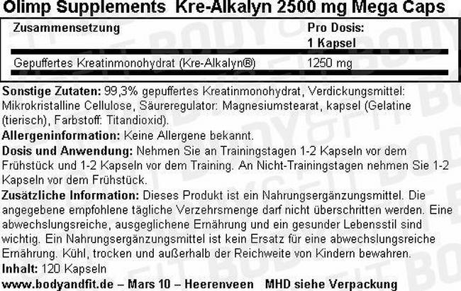 Kre-Alkalyn 2500mg Mega Caps Nutritional Information 1