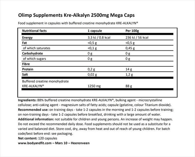 Kre-Alkalyn 2500mg Mega Caps Nutritional Information 1