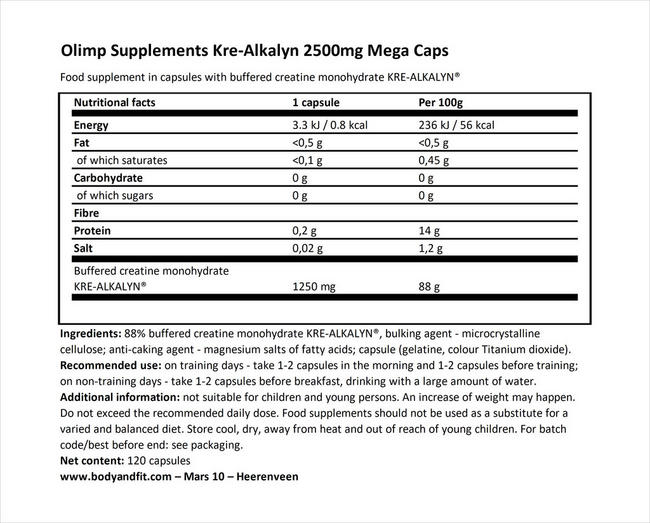 Kre-Alkalyn 2500mg Mega Caps Nutritional Information 1