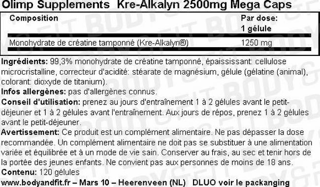 Kre-Alkalyn 2500mg Mega Caps Nutritional Information 1