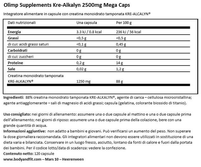 Kre-Alkalyn 2500 mg Mega Caps Nutritional Information 1