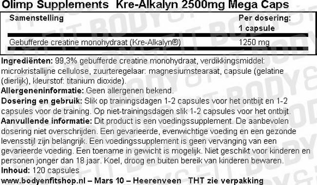Kre-Alkalyn 2500mg Mega Caps Nutritional Information 1