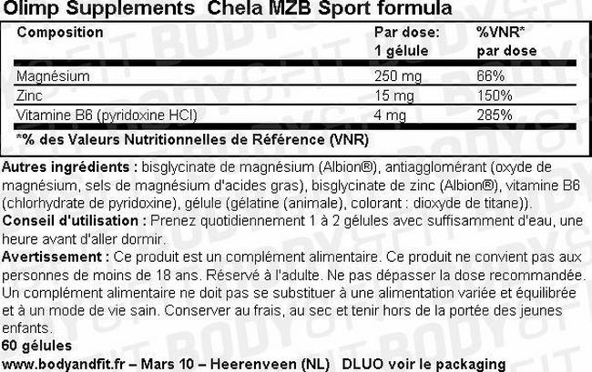 Gélules Chela MZB Sport Formula Nutritional Information 1
