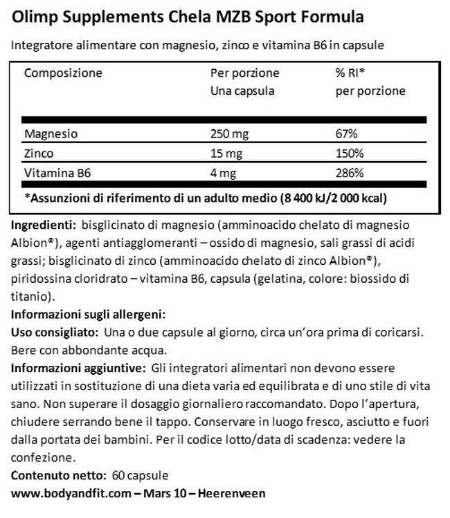 Chela MZB Sport Formula Nutritional Information 1