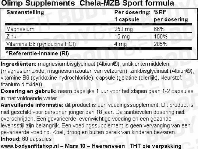 Gélules Chela MZB Sport Formula Nutritional Information 1