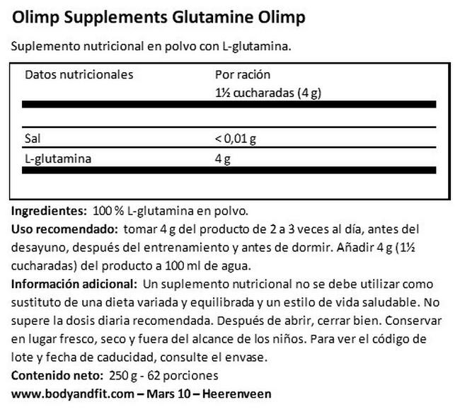 L-Glutamine Olimp Nutritional Information 1