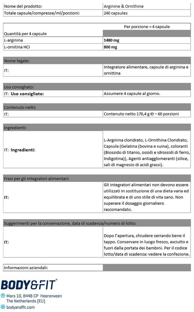 Arginina e Ornitina Nutritional Information 1