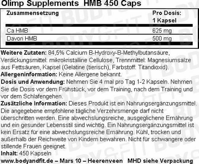 HMB 450 Caps Nutritional Information 1