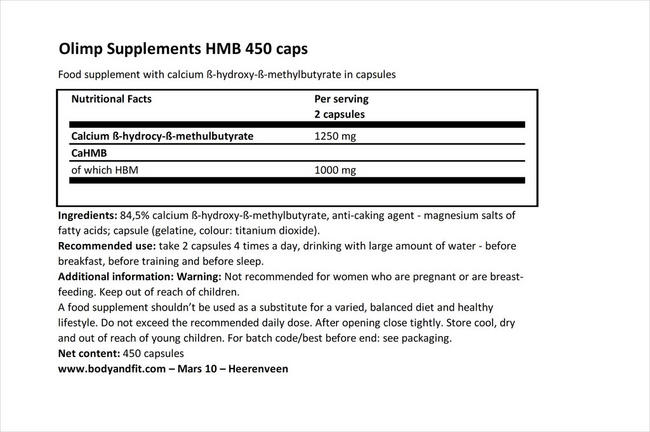HMB 450 caps Nutritional Information 1