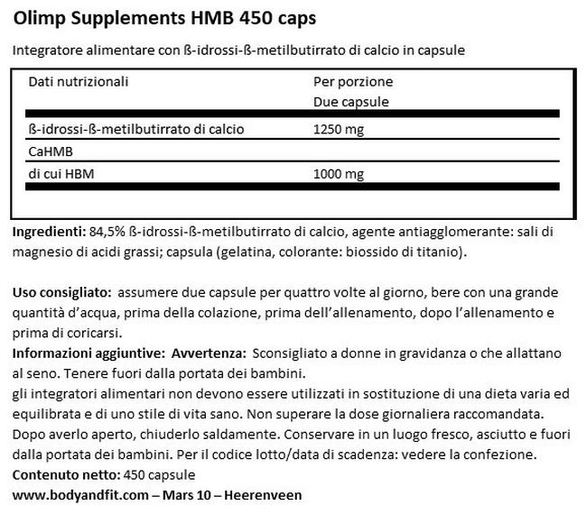 HMB 450 Caps Nutritional Information 1