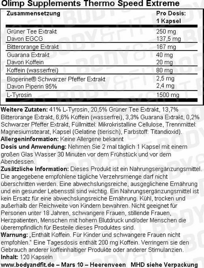 Thermo Speed Extreme Nutritional Information 1