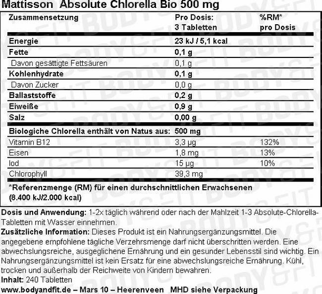 Absolute Chlorella Bio 500 mg Nutritional Information 1