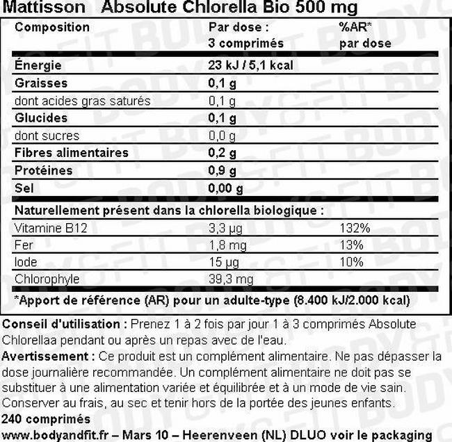 Absolute Chlorella Bio 500 mg Nutritional Information 1