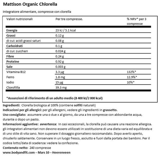 Absolute Chlorella Bio 500 mg Nutritional Information 1