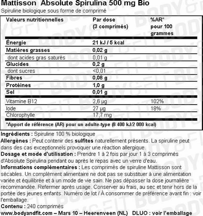 Absolute Spiruline 500 mg Bio Nutritional Information 1