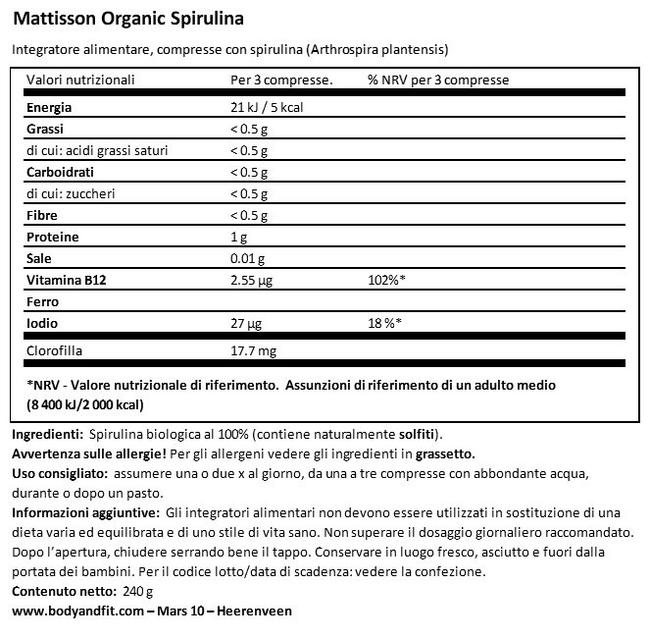 Spirulina Absolute 550 mg Bio Nutritional Information 1