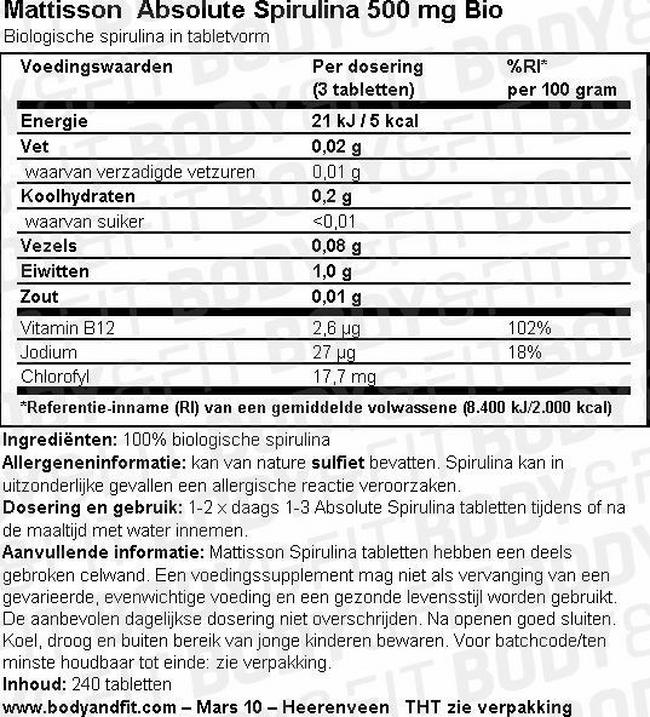 Absolute Spirulina 500 mg Bio Nutritional Information 1