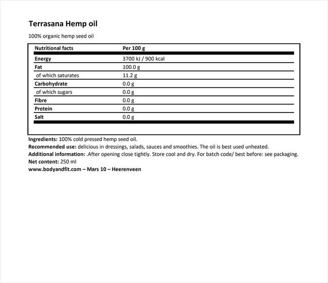 ヘンプオイル Nutritional Information 1