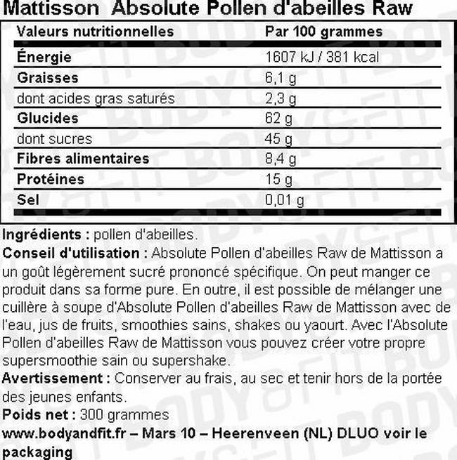 Absolute Pollen d'abeilles Raw Nutritional Information 1